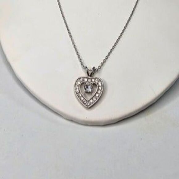 Glass Rhinestone Heart Silver Tone Pendant with Silver Tone Chain Necklace 18"L - Picture 2 of 5